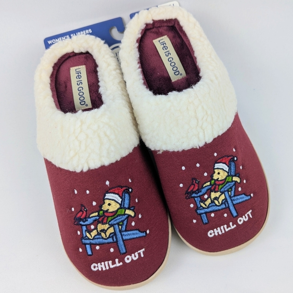 Life Is Good Slippers Winter Snow Bear Cardinal Embroidered Red L (9-10) NWT
